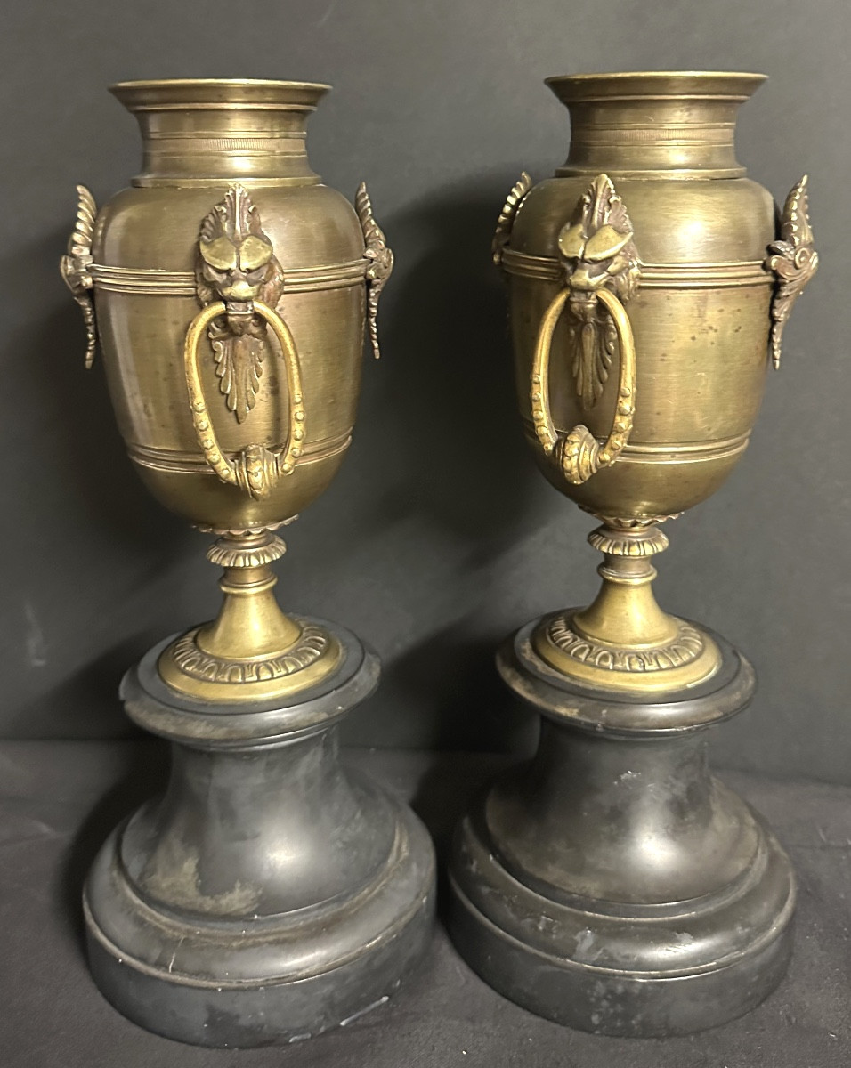 Paire de cassolettes XIXe en bronze et marbre 31 cm-photo-4