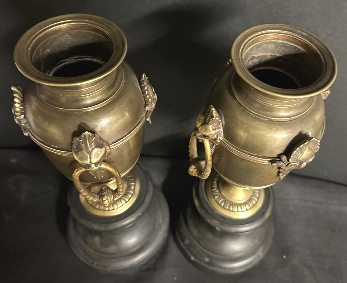 Paire de cassolettes XIXe en bronze et marbre 31 cm-photo-1