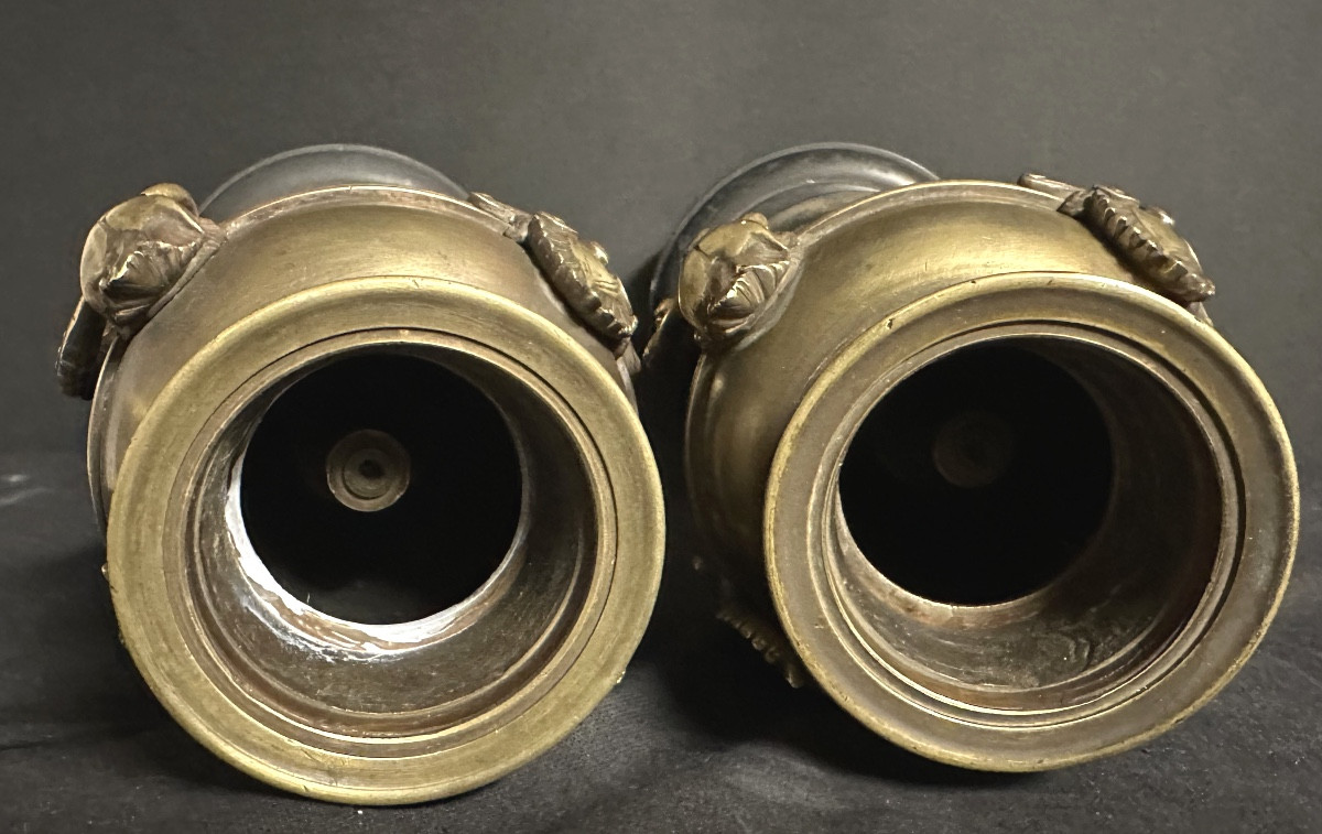 Paire de cassolettes XIXe en bronze et marbre 31 cm-photo-2