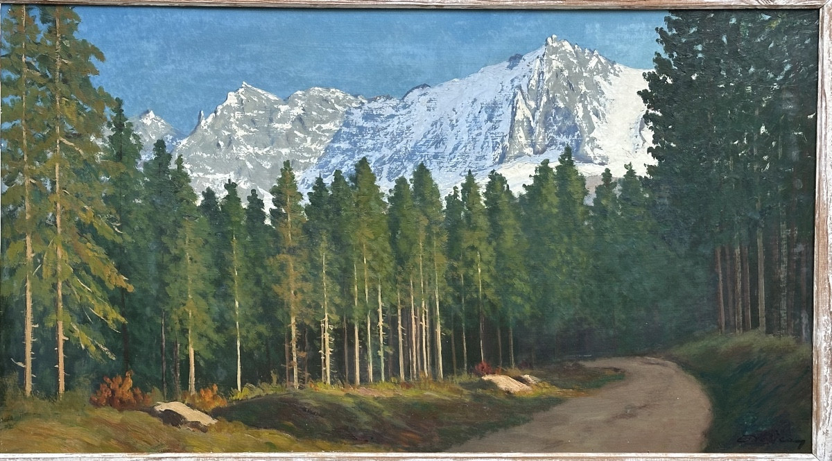 Deljean XXth Large Oil Aiguille Du Midi Mont Blanc Alps Mountain-photo-2