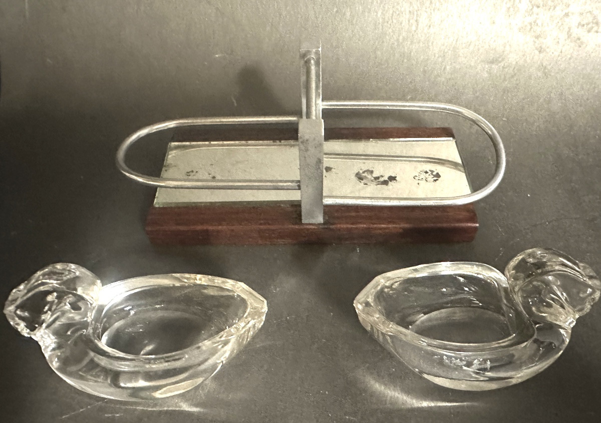 Serviteur Art Deco Ensemble salière poivrière cristal Cygne avec support palissandre et chrome-photo-2