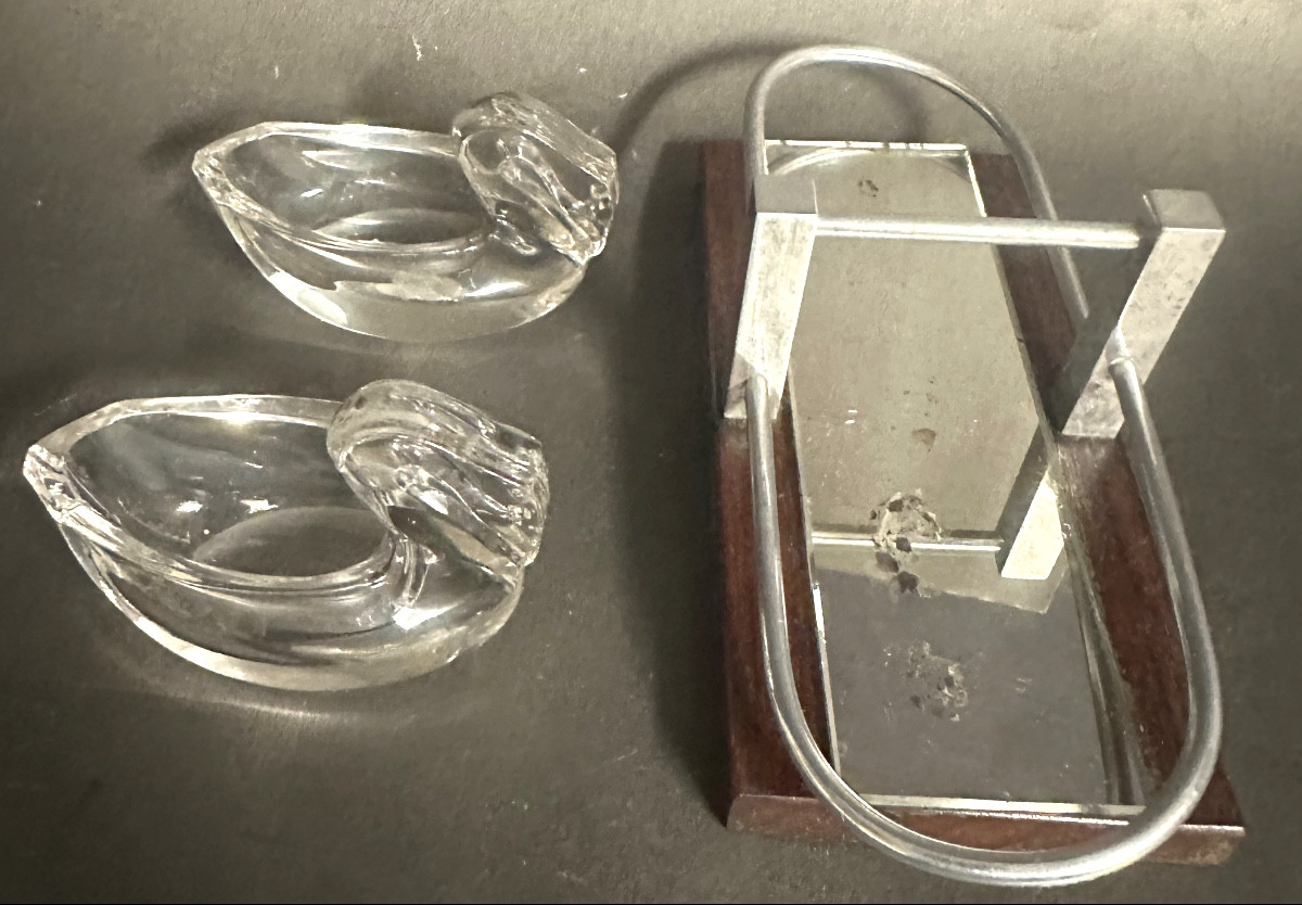 Serviteur Art Deco Ensemble salière poivrière cristal Cygne avec support palissandre et chrome-photo-4