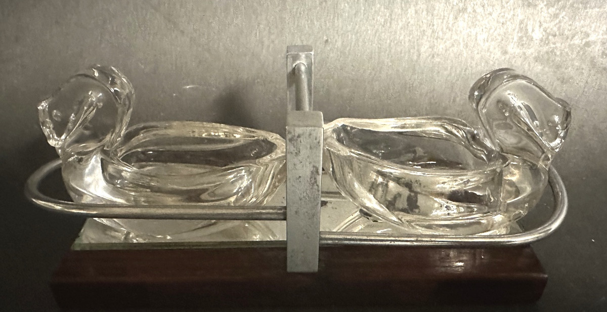 Serviteur Art Deco Ensemble salière poivrière cristal Cygne avec support palissandre et chrome