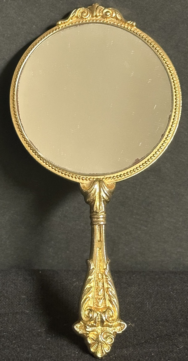 Antique Handbag Mirror With A Pastoral Scene In Bronze On The Back. Very Good Condition. -photo-2