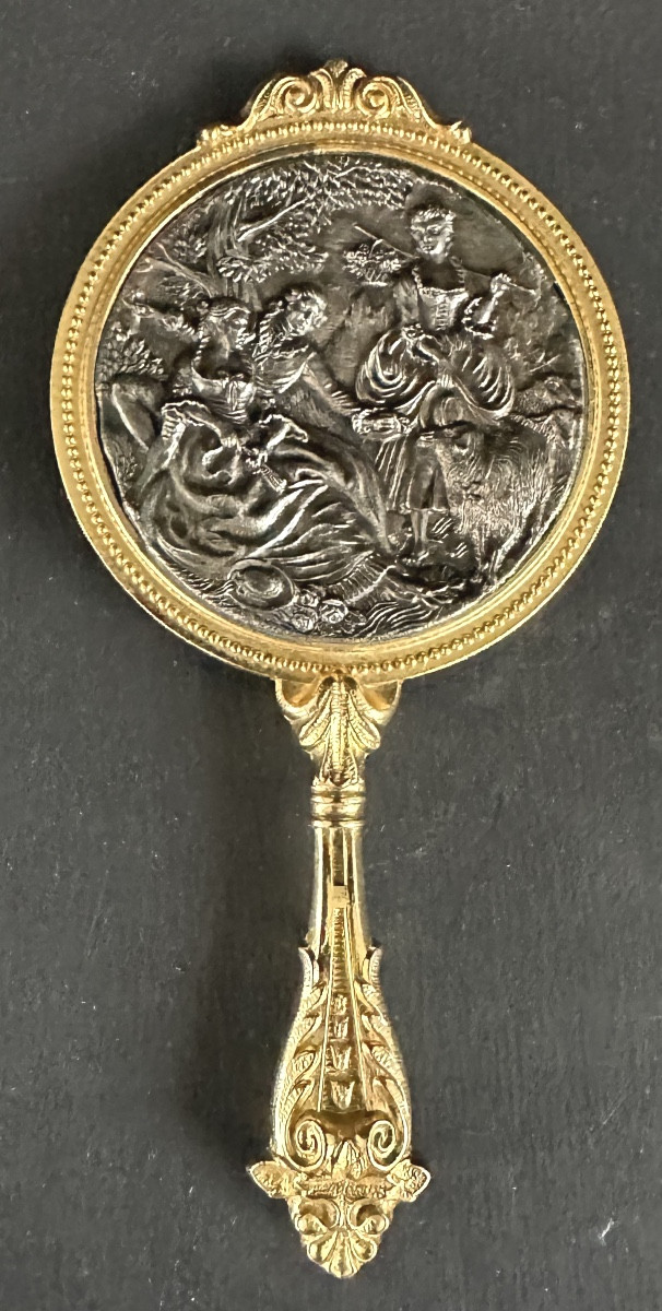 Antique Handbag Mirror With A Pastoral Scene In Bronze On The Back. Very Good Condition. -photo-3