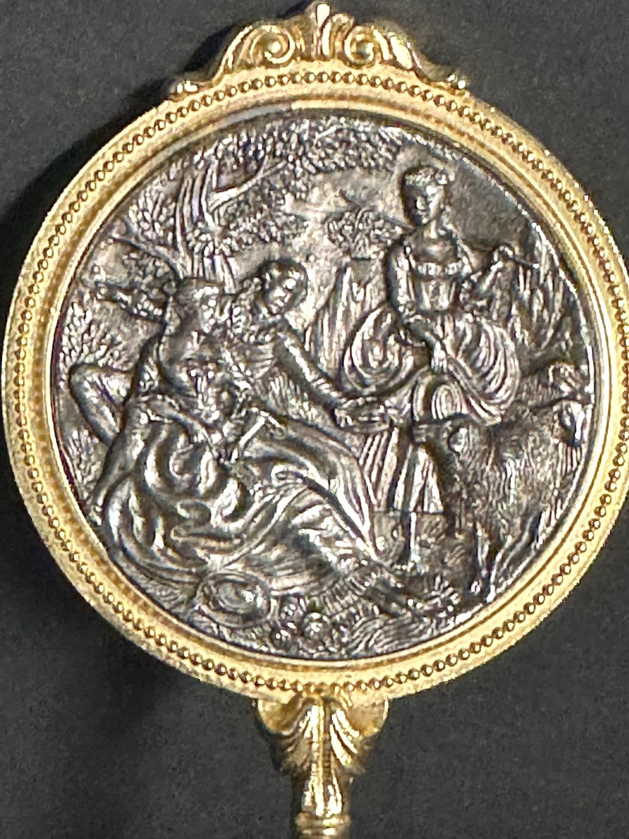 Antique Handbag Mirror With A Pastoral Scene In Bronze On The Back. Very Good Condition. -photo-4