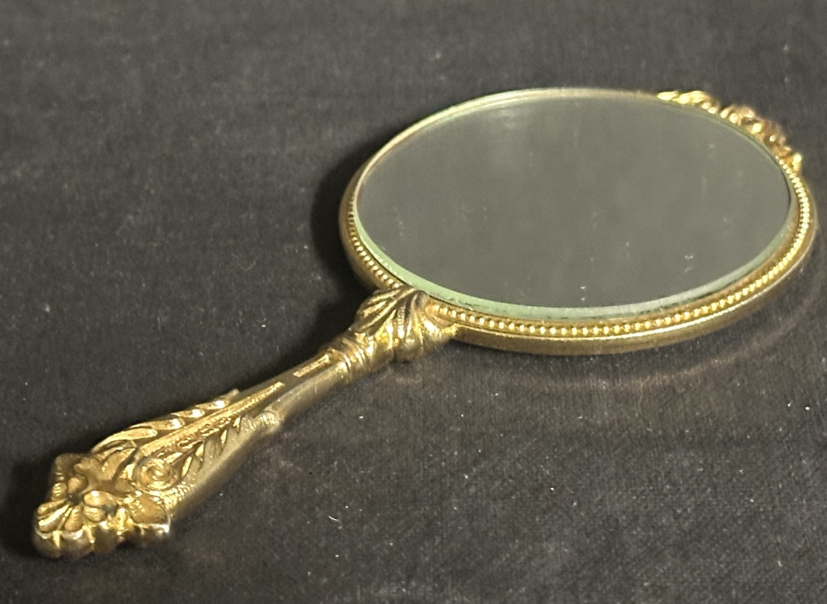 Antique Handbag Mirror With A Pastoral Scene In Bronze On The Back. Very Good Condition. -photo-2