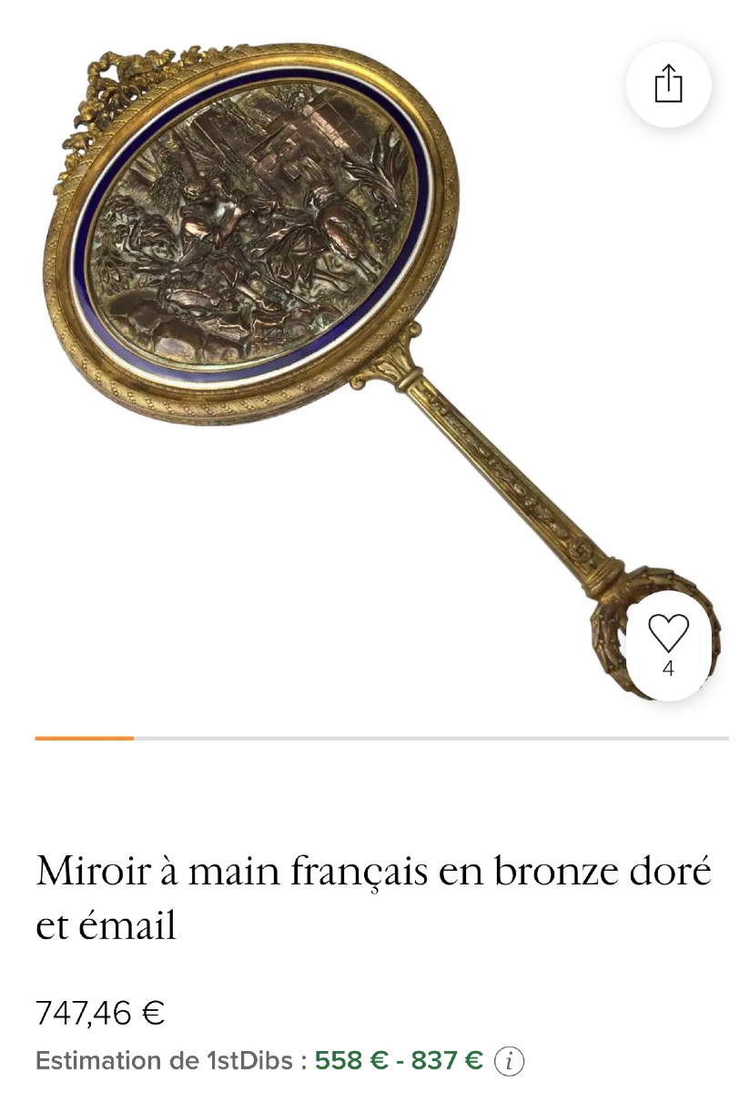 Antique Handbag Mirror With A Pastoral Scene In Bronze On The Back. Very Good Condition. -photo-3