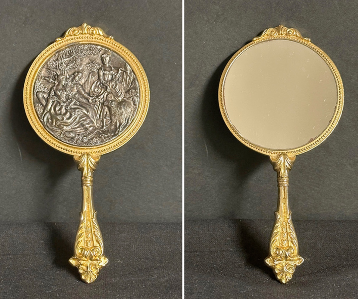 Antique Handbag Mirror With A Pastoral Scene In Bronze On The Back. Very Good Condition. 