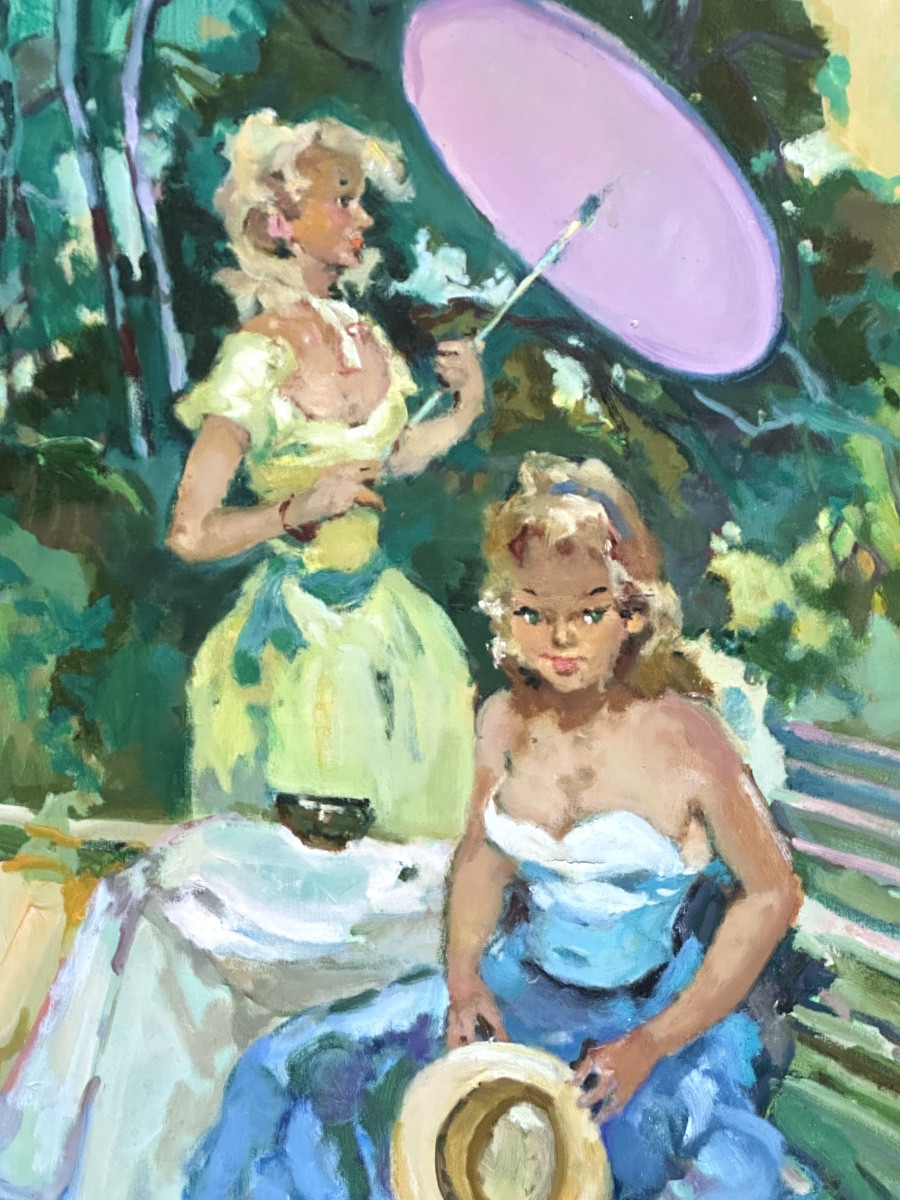 Pierre GRISOT Grande huile Élégantes au jardin Encadré 84x74cm -photo-2