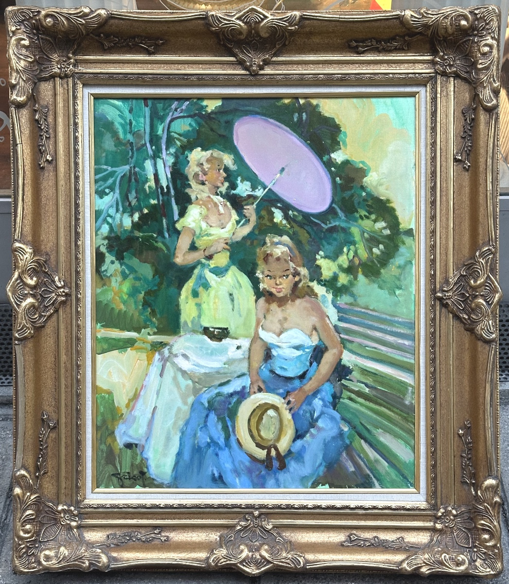 Pierre GRISOT Grande huile Élégantes au jardin Encadré 84x74cm 