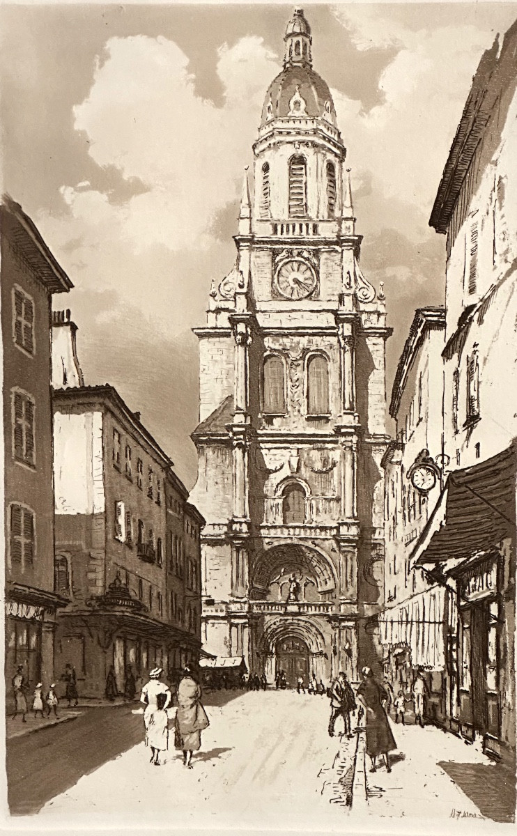 Joanny DREVET 1889-1969 Grande eau forte Cathédrale Notre Dame à Bourg-en-Bresse 01 Ain