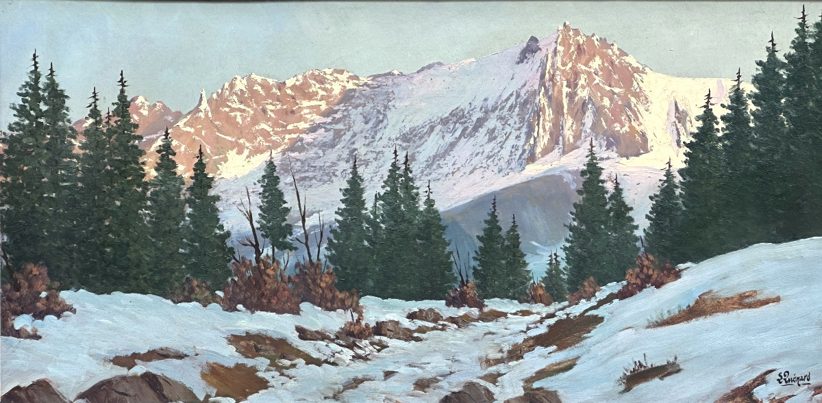 Lucien Quenard 1902-1995 Large Oil Painting Aiguille Du Midi Mont Blanc Alps Mountain. -photo-3