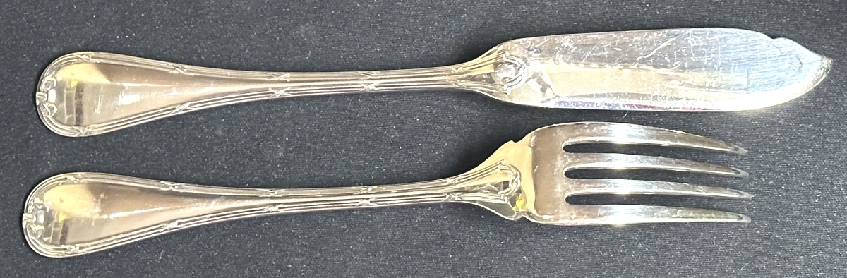 Christofle 12-piece Silver-plated Ruban Fish Cutlery Set In Very Good Condition. -photo-3