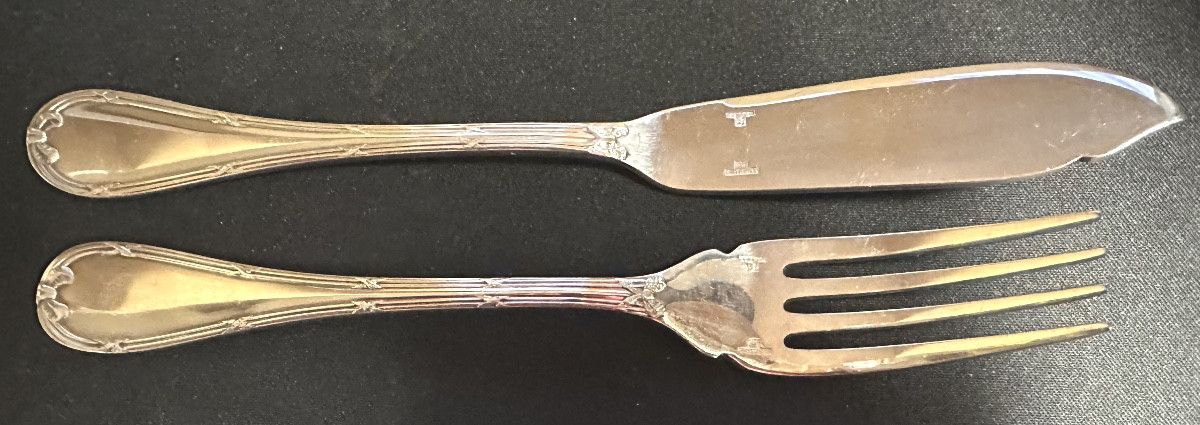 Christofle 12-piece Silver-plated Ruban Fish Cutlery Set In Very Good Condition. -photo-4
