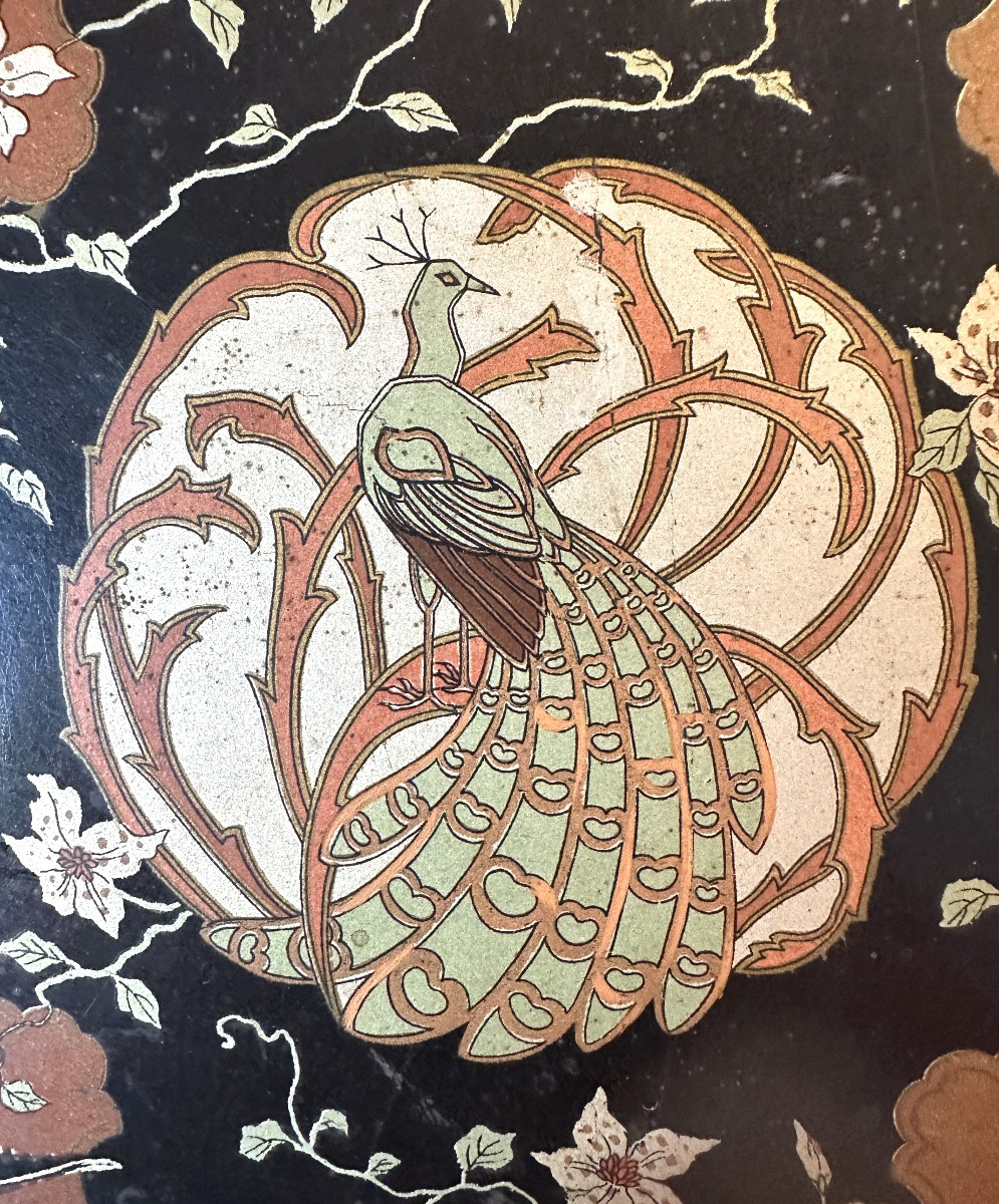 Ancienne boîte laque Décor Japonais et semis d’or intérieur Oiseaux et végétaux Très bon état -photo-3