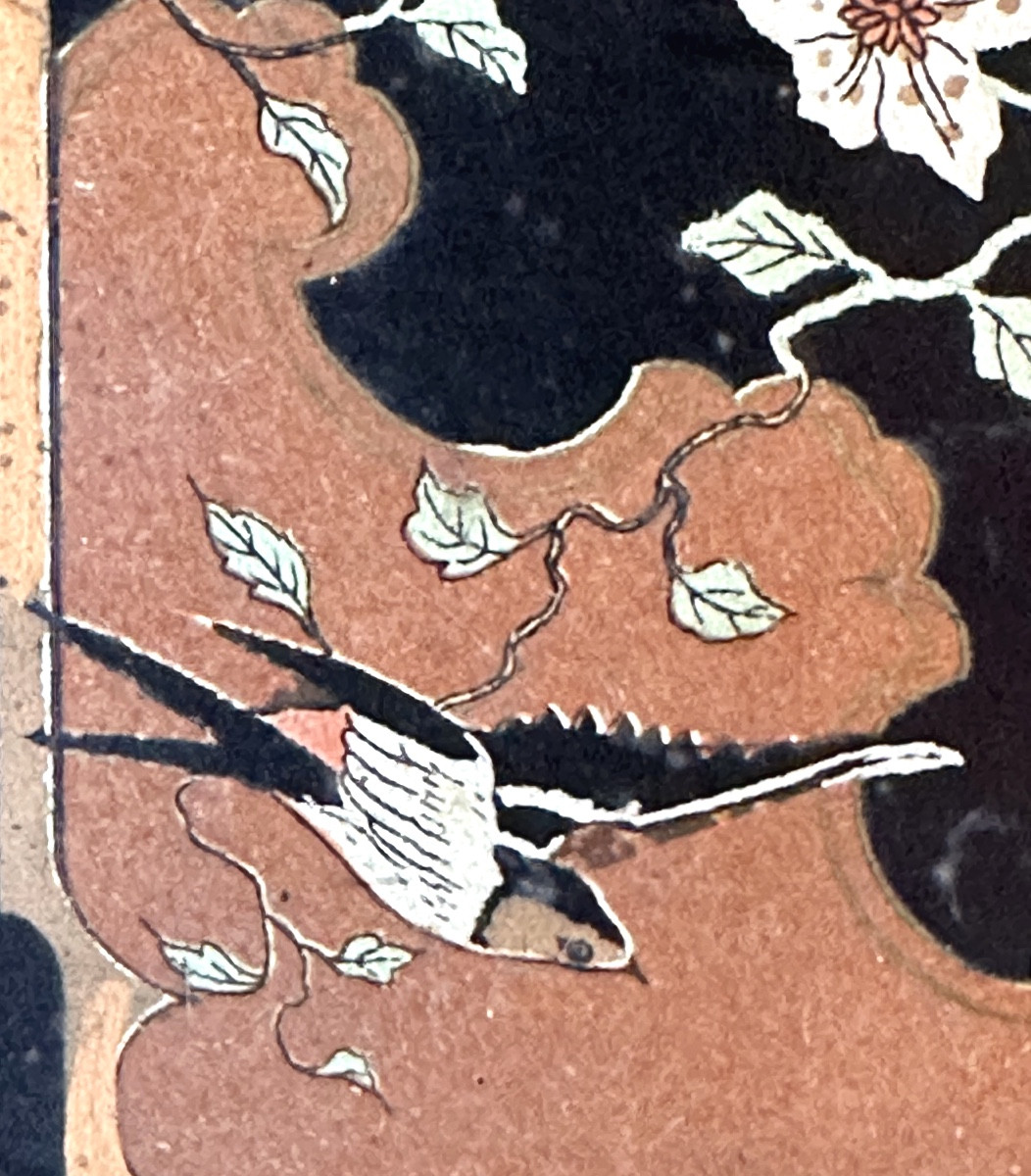 Ancienne boîte laque Décor Japonais et semis d’or intérieur Oiseaux et végétaux Très bon état -photo-5