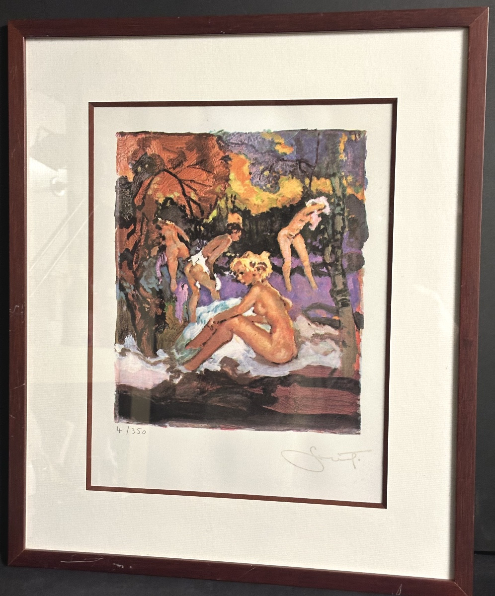 Pierre GRISOT 1911-1995 Rare sérigraphie Jeunes femmes au bain Symphonie jaune curiosa /2-photo-2