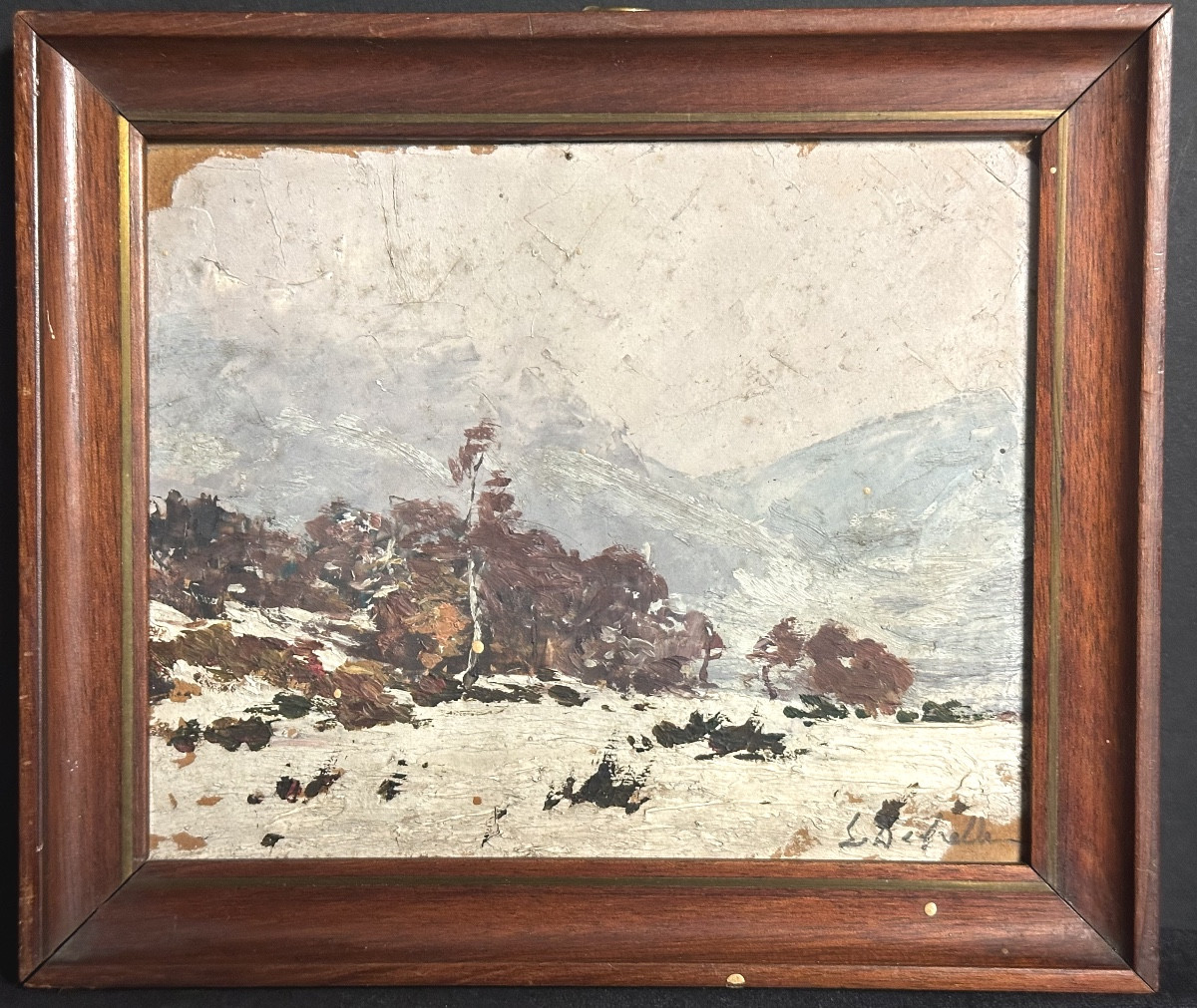 Huile signée ? Paysage de neige en montagne Alpes L. Defrelle ?-photo-2