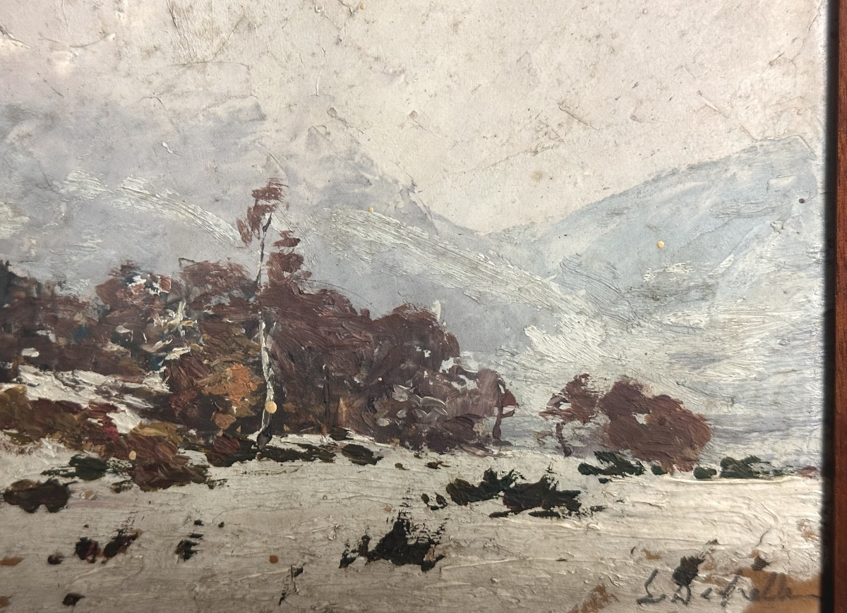 Huile signée ? Paysage de neige en montagne Alpes L. Defrelle ?-photo-4