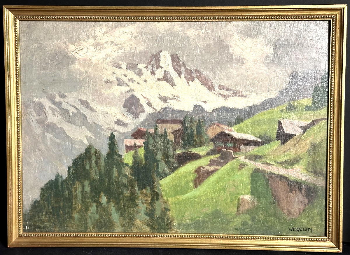 émile Wegelin 1875-1962 Oil Painting Of A Snow-covered Mountain In The Alps 