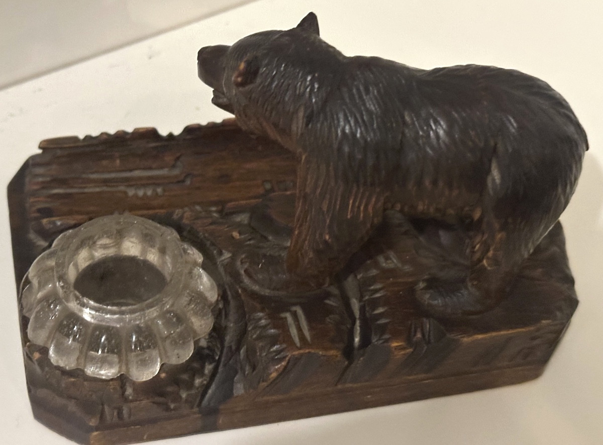 Black Forest Bear Inkwell, Marked Geneva Switzerland, Brienz Folk Art-photo-2