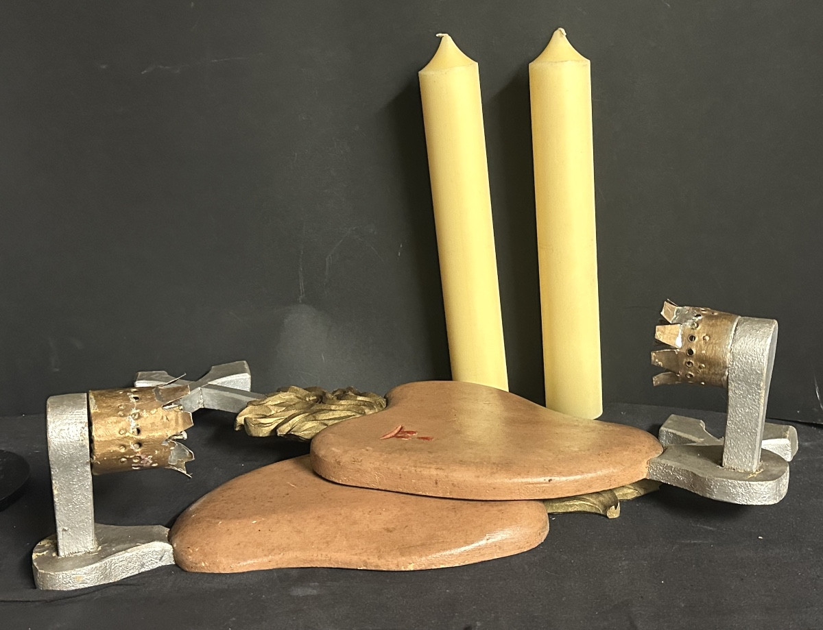 Pair Of Large 55cm Wall Sconces Burning Heart Design With Candles, Devotion Ex-voto -photo-2