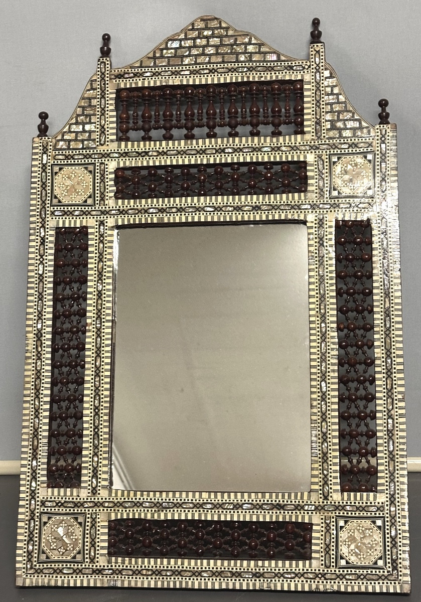 GRAND miroir 83cm en bois et incrustations de nacre en très bon état Syrie -photo-2