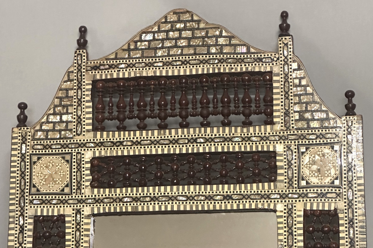 GRAND miroir 83cm en bois et incrustations de nacre en très bon état Syrie -photo-3