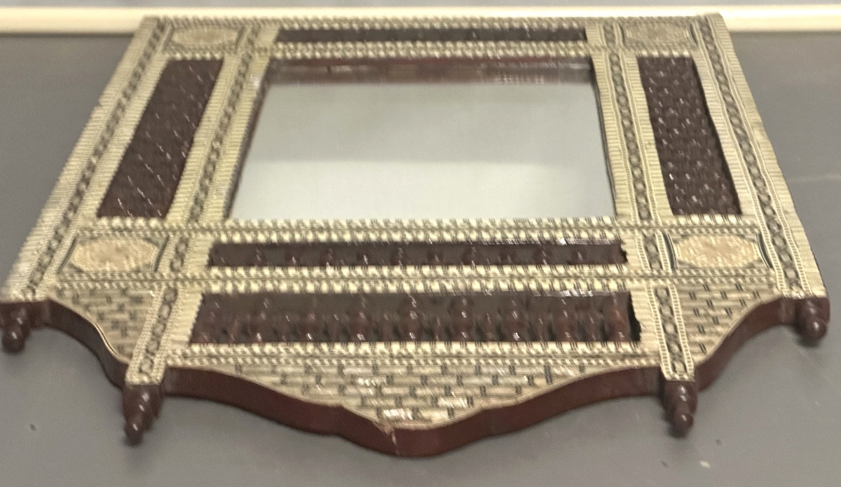 GRAND miroir 83cm en bois et incrustations de nacre en très bon état Syrie -photo-1