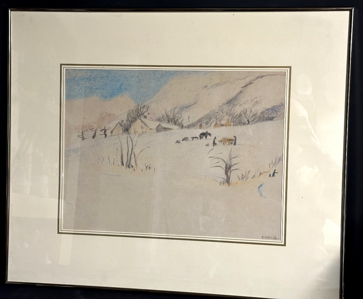 Edith BERGER 1900-1994 Grand paysage de neige animé en Trieves Pastel Lalley Grenoble-photo-2