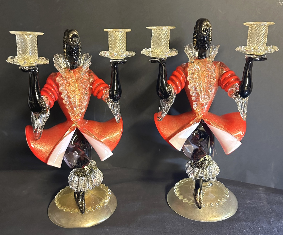 Important Pair Of Murano Glass Candlesticks By Barovier And Toso-photo-4