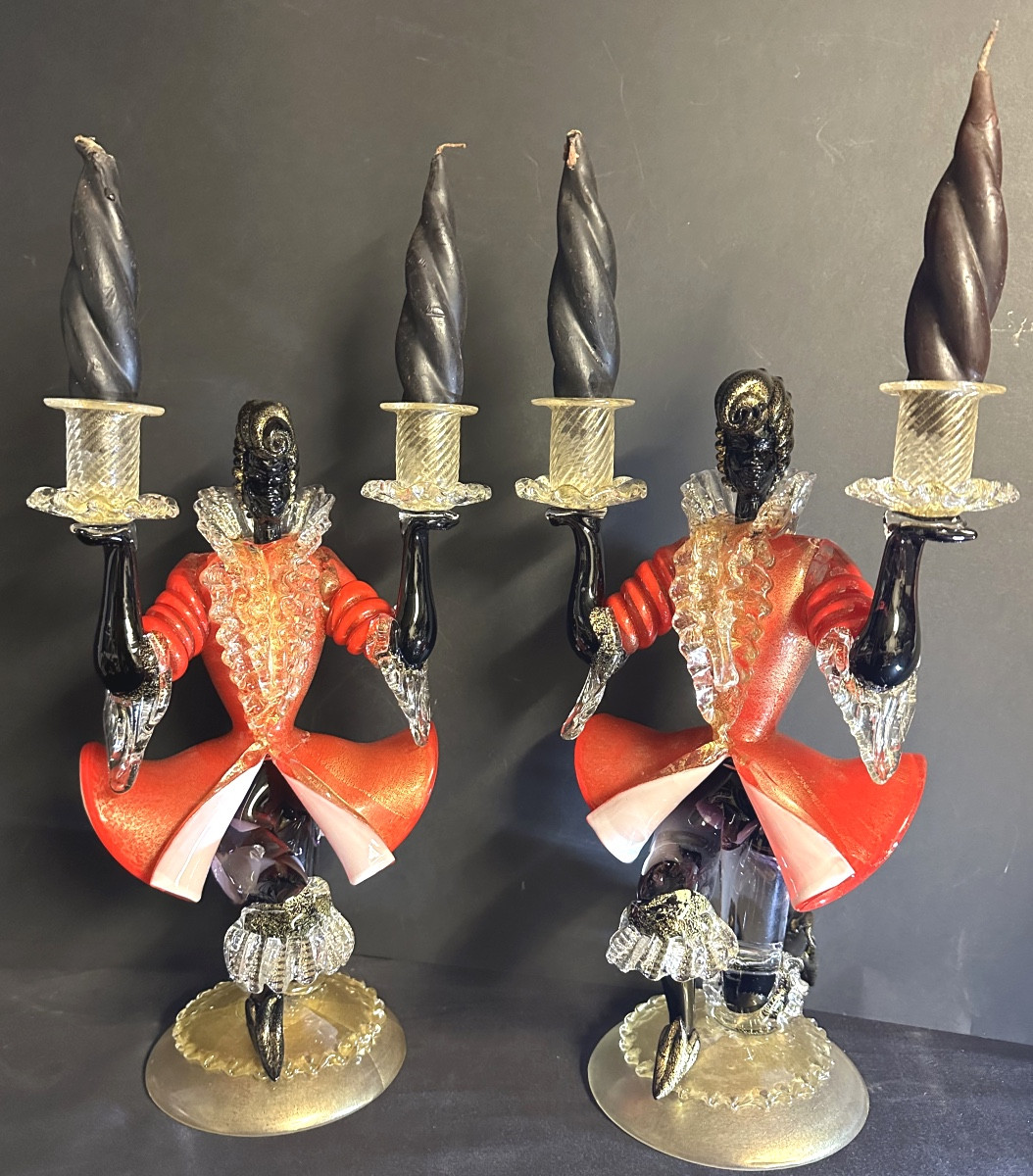 Important Pair Of Murano Glass Candlesticks By Barovier And Toso