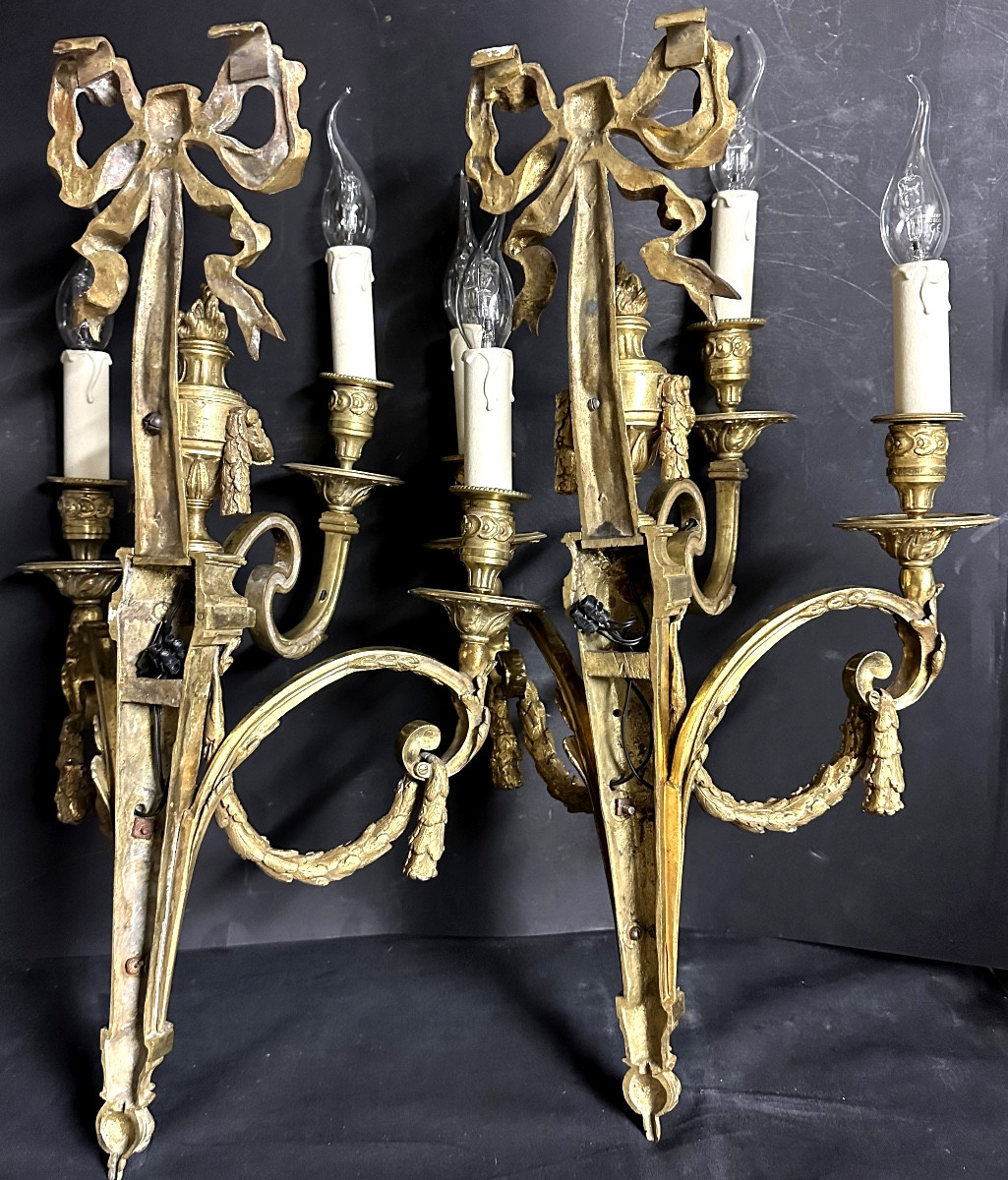 Important Pair Louis XVI Style Wall Sconce 58cm Gilt Bronze, With 3 Lights, 19th Century -photo-1