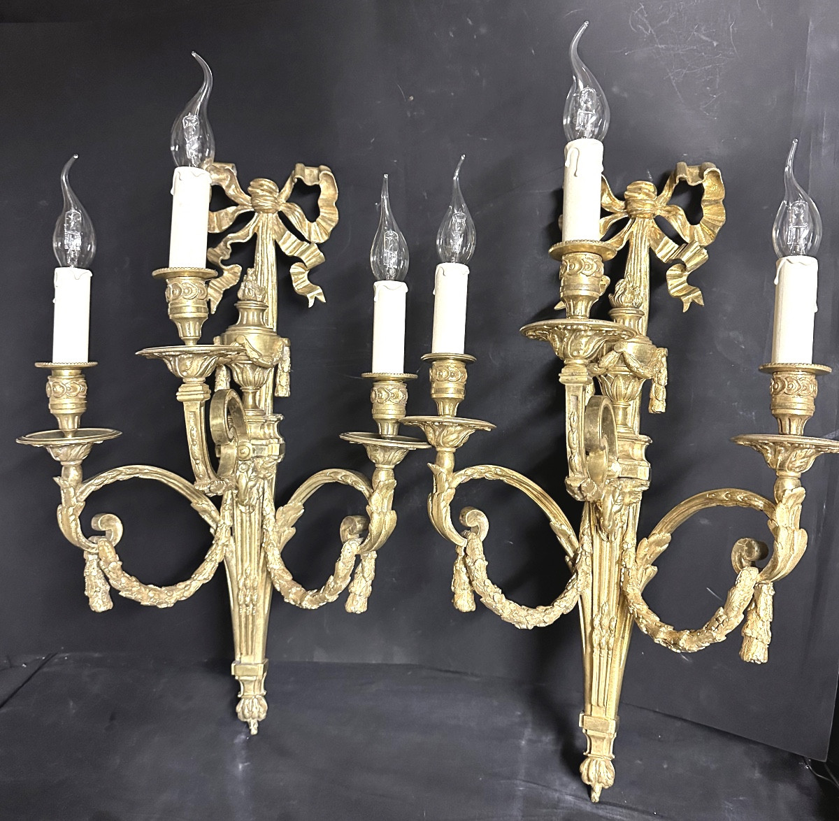 Important Pair Louis XVI Style Wall Sconce 58cm Gilt Bronze, With 3 Lights, 19th Century 