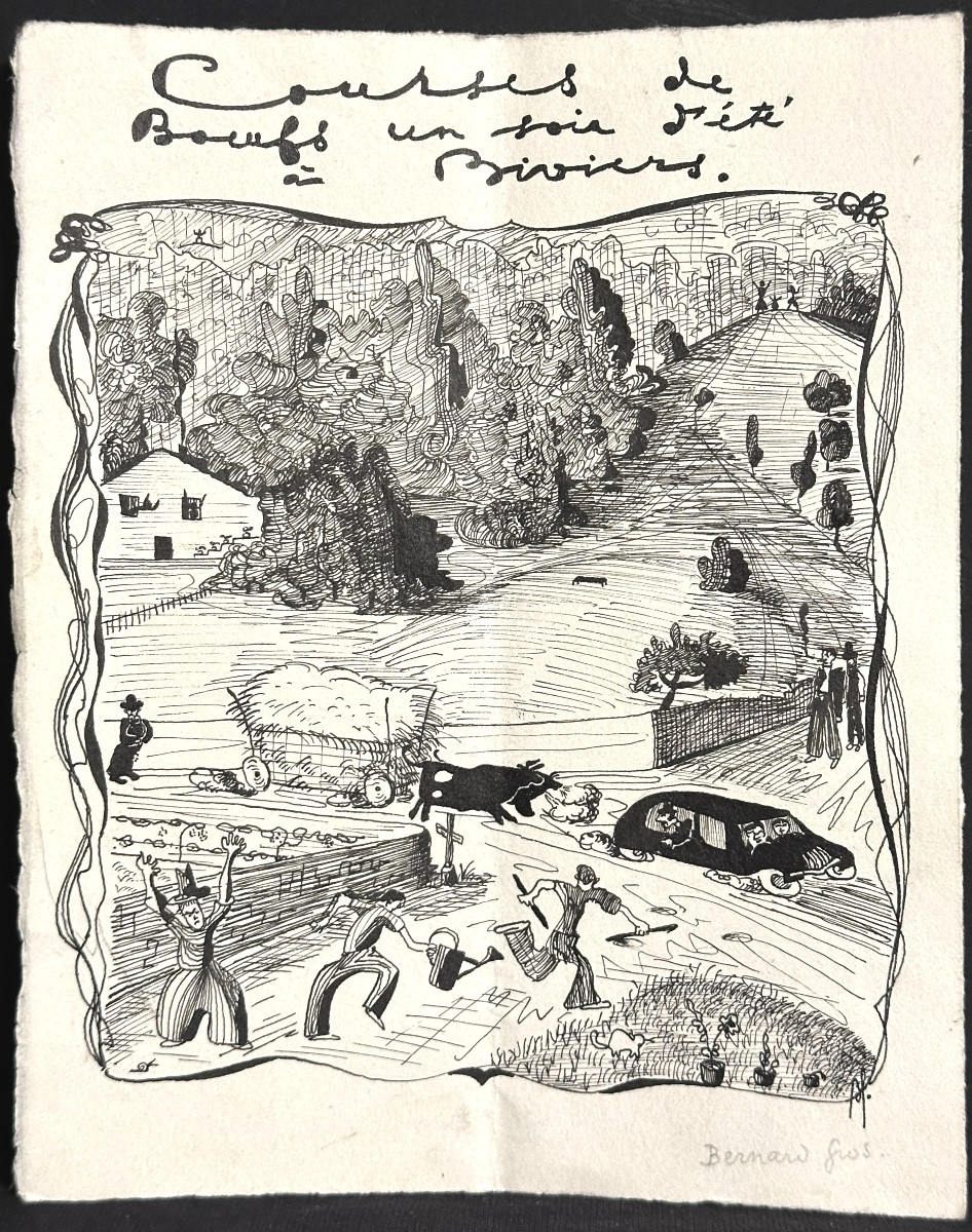 Bernard Gros 20th Century Drawing: Oxen Races In Biviers, Isère, Grenoble 