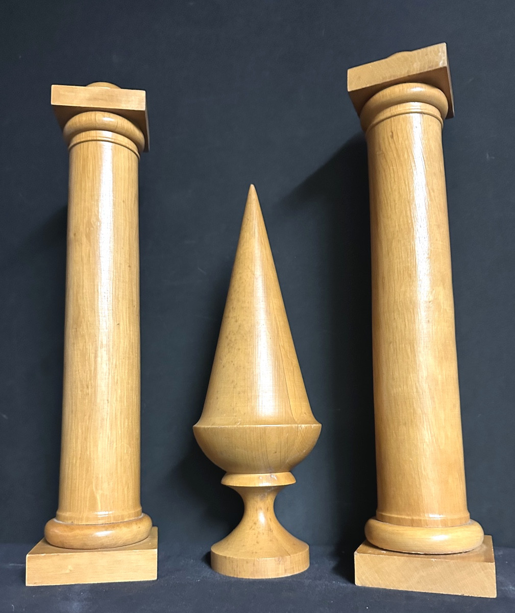 3 éléments décoratifs 1960 1970 en bois massif « colonne » et « toupie »-photo-2