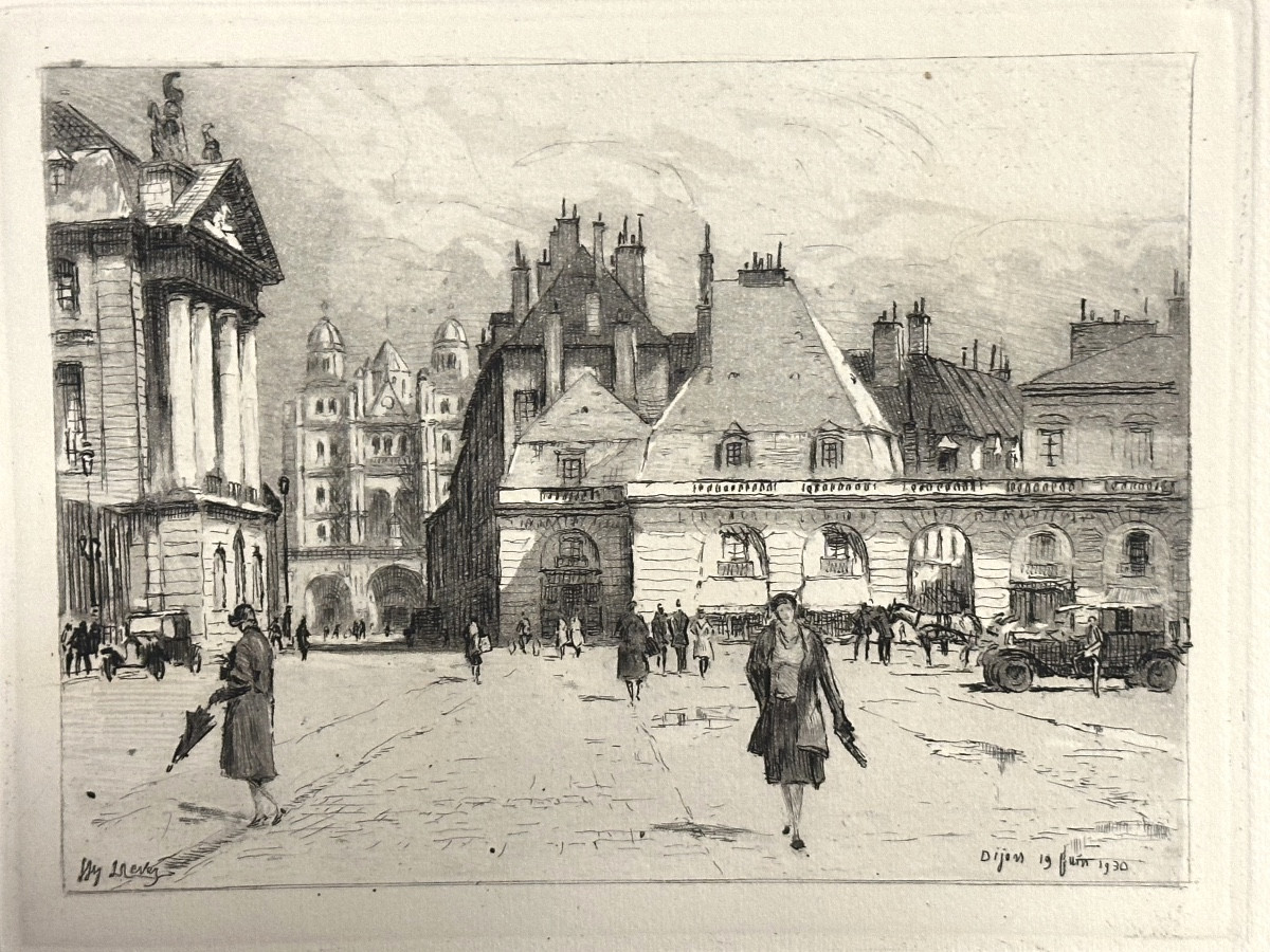 Joanny Drevet 1889-1969 Dijon Rare Etching Place De La Libération 1930 Burgundy Côte d'Or-photo-3