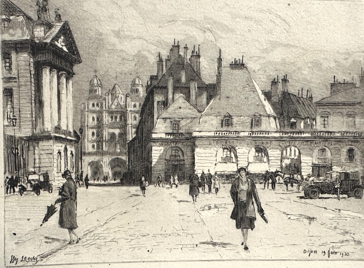 Joanny Drevet 1889-1969 Dijon Rare Etching Place De La Libération 1930 Burgundy Côte d'Or
