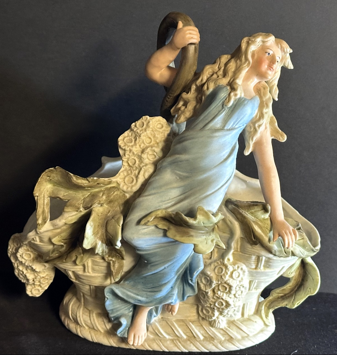 Flower Vase, Circa 1900, In Bisque Porcelain. Young Elegant Woman In A Blue Dress.
