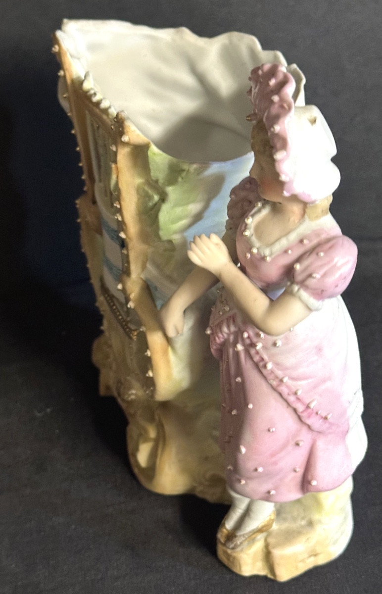 Vase musical bouquetière 1900 Jeune élégante à la lyre Biscuit de porcelaine Musique -photo-4