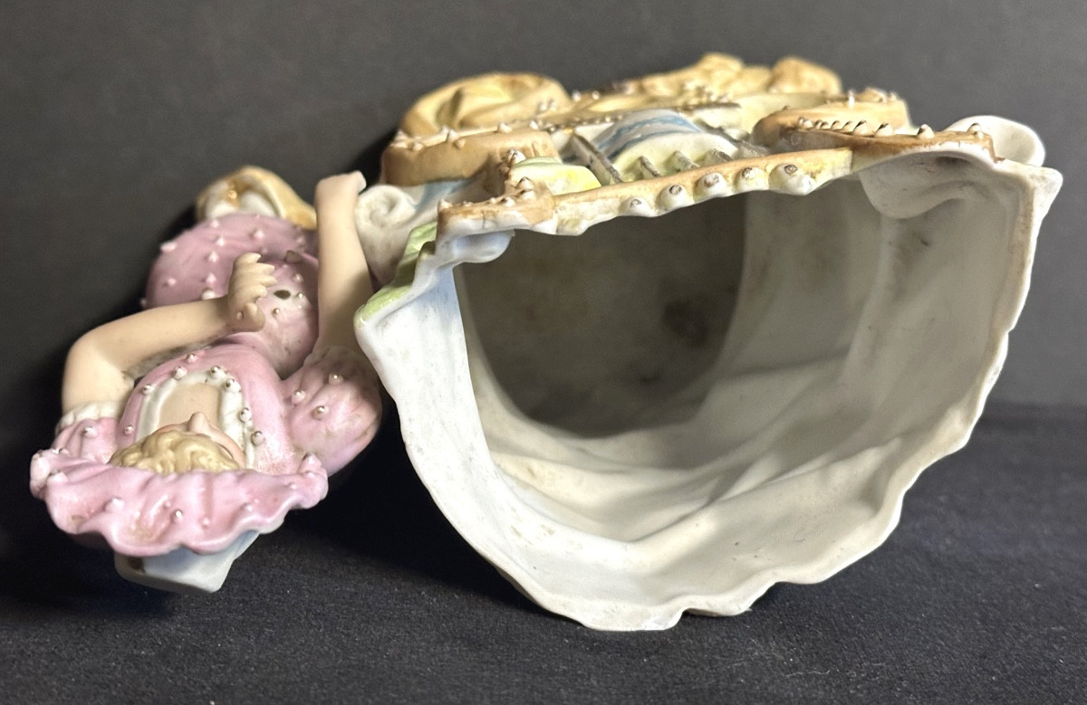 Vase musical bouquetière 1900 Jeune élégante à la lyre Biscuit de porcelaine Musique -photo-2