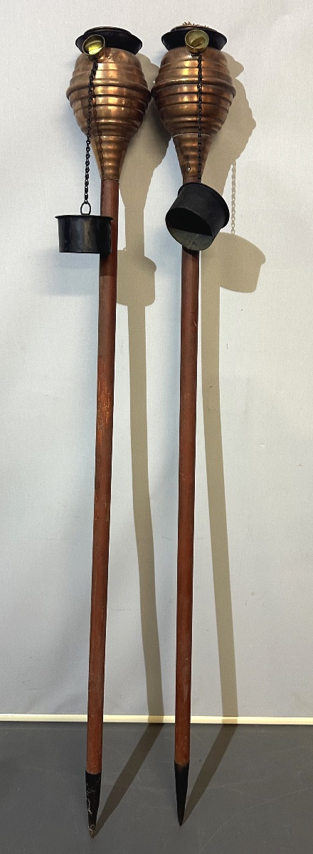 Antique Pair Of Garden Torches In Wood, Copper And Brass. For A Mosquito-repellent Ambiance.
