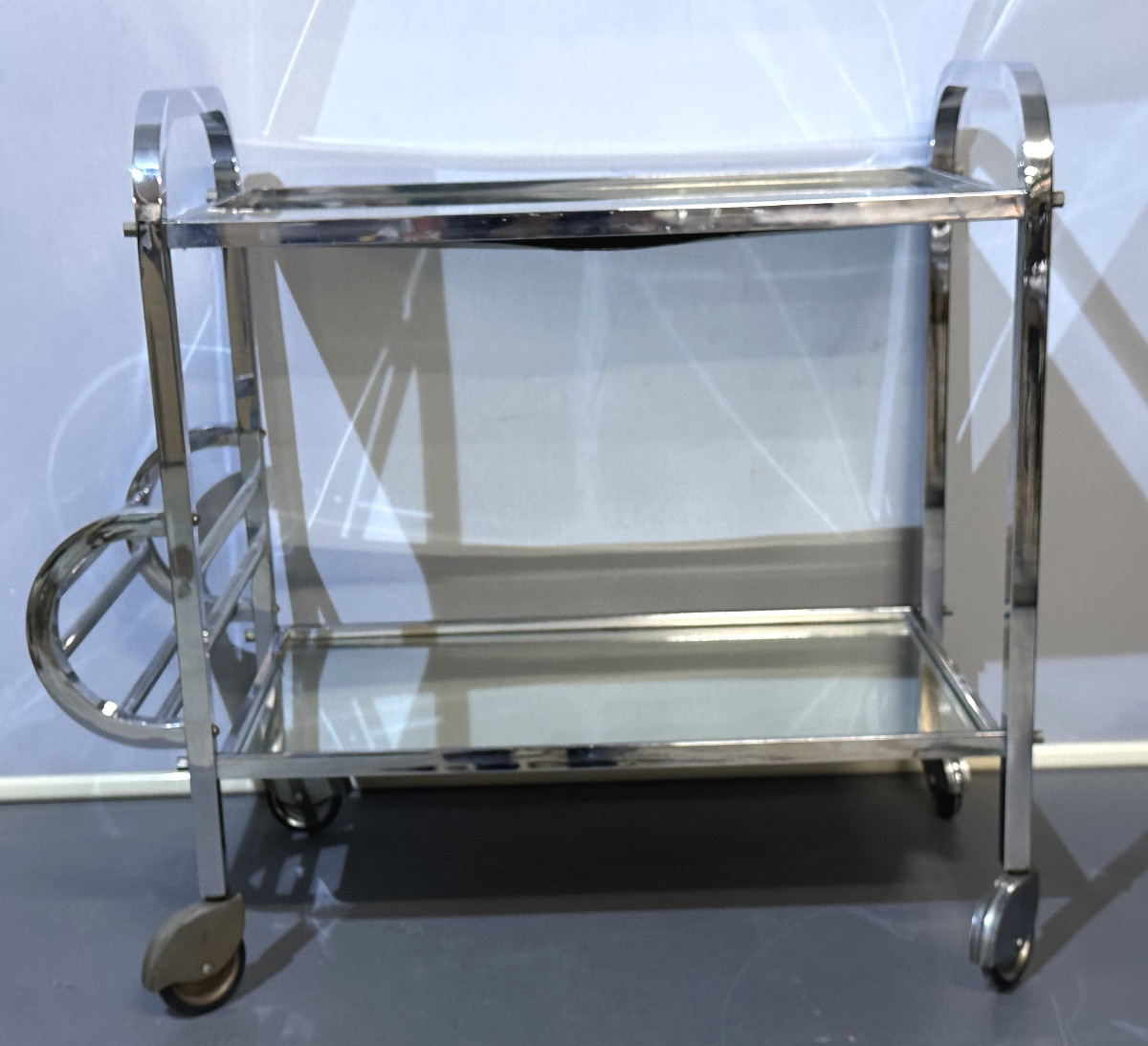 Table roulante Art Deco en métal chromé Trolley bar Chariot de service desserte très bon état-photo-4