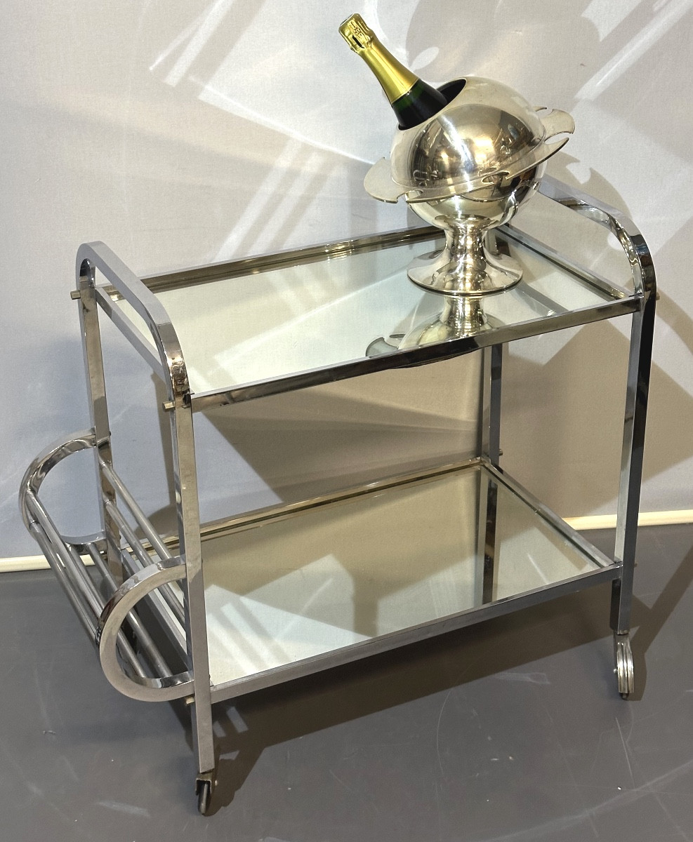 Table roulante Art Deco en métal chromé Trolley bar Chariot de service desserte très bon état