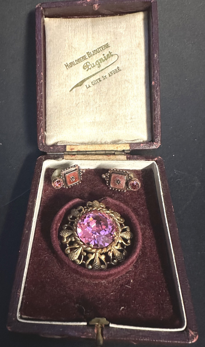 Antique Brooch And Earrings Set In A Case Pink Crystal With Gold Mounts.