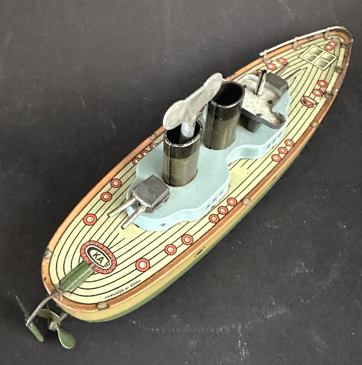 Jouet canonnière allemande mécanique CKA avec clé en tôle lithographiée et peinte /4-photo-2