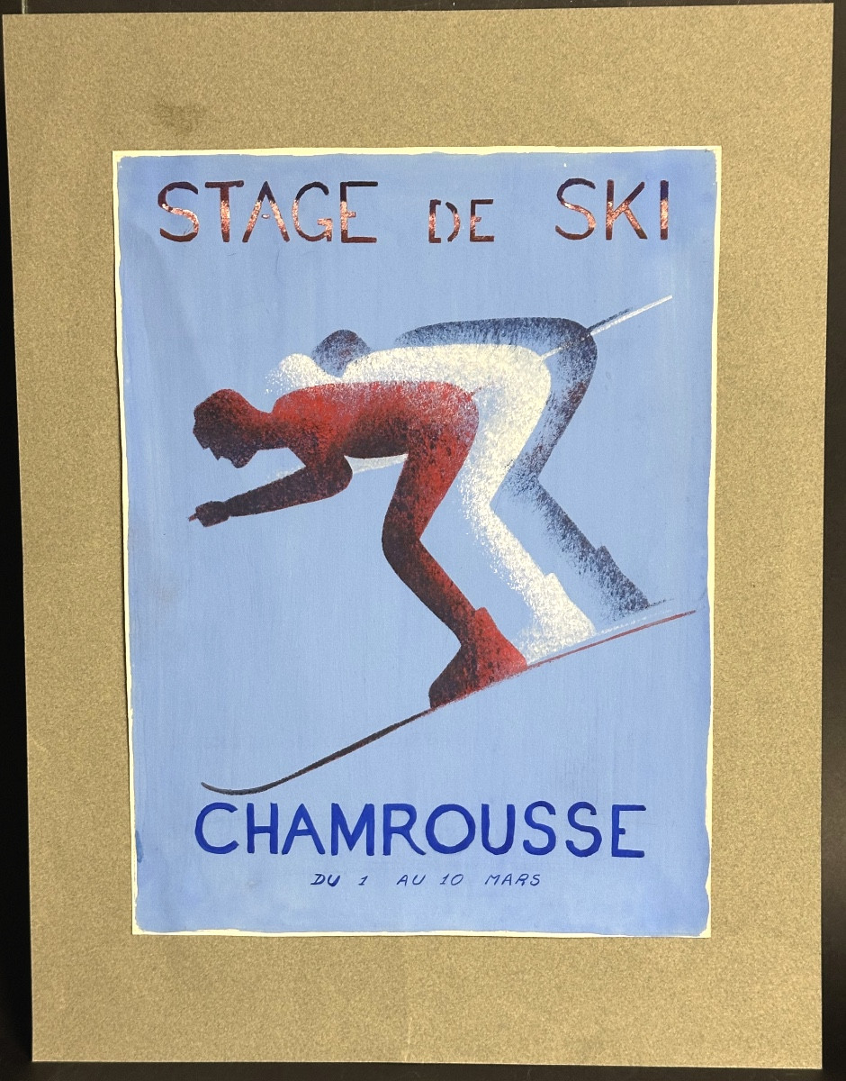 Rare Original Gouache Painting Of Chamrousse, 1940, Skiing In The Alps And Mountains-photo-2