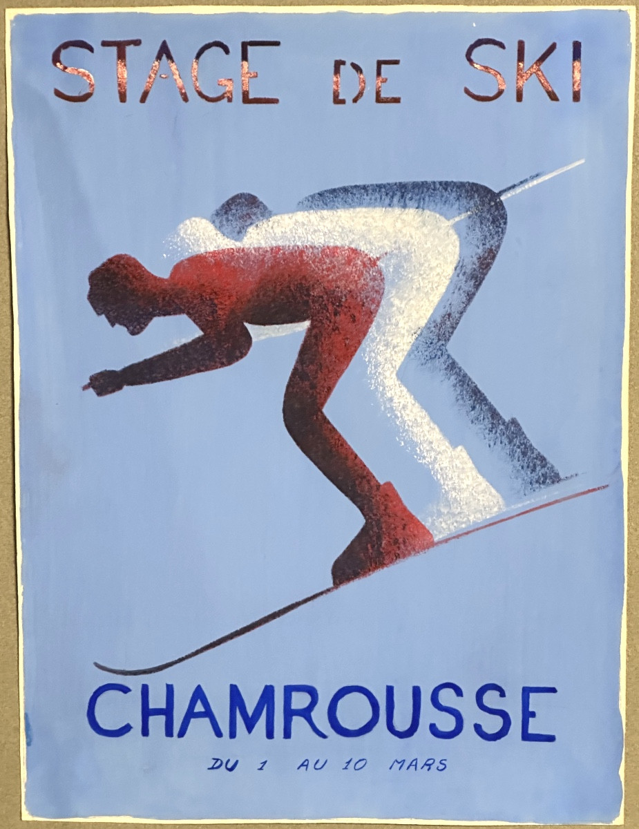 Rare Original Gouache Painting Of Chamrousse, 1940, Skiing In The Alps And Mountains