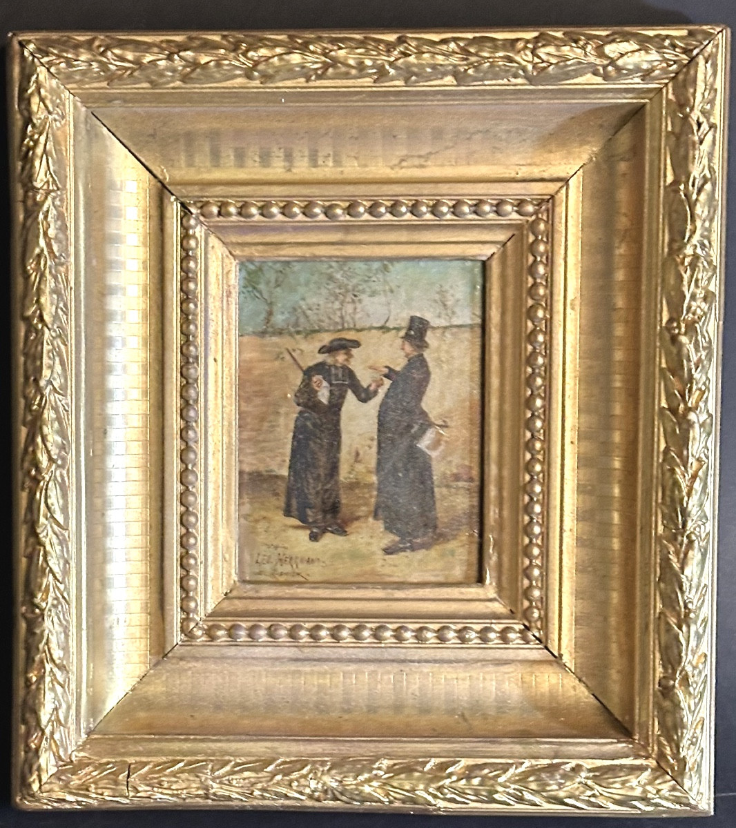 Ernest Marie CROSNIER 1832-1885 Huile Curé et notable d’après Léo Herrmann XIXe Très bon état -photo-4